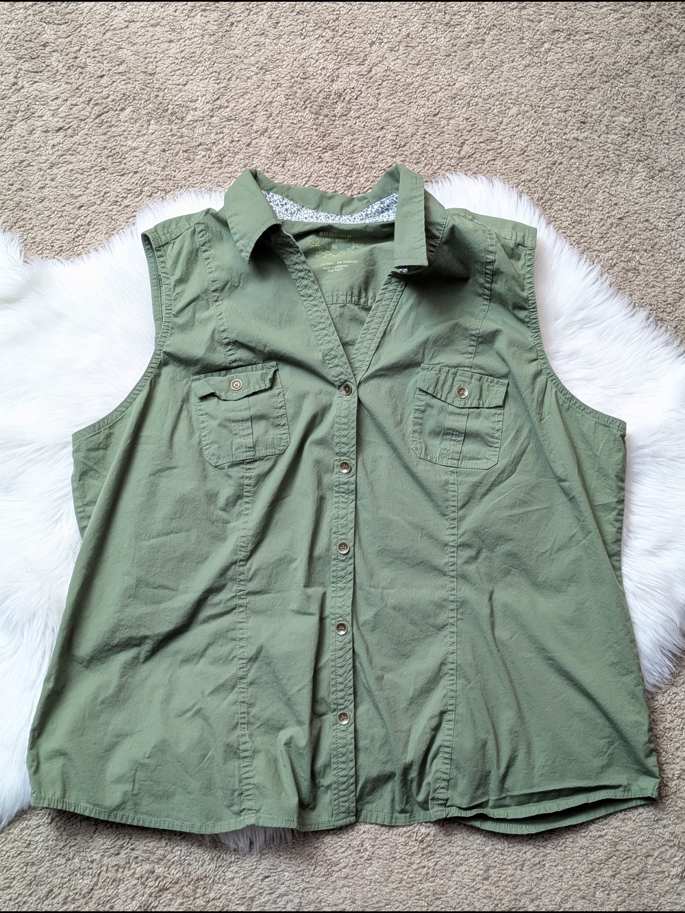 Sonoma Army Green Sleeveless  Button Down Utility Top Size XL